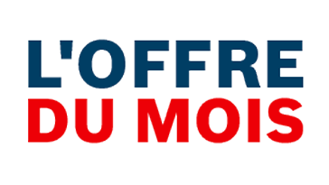 Texte en bleu et rouge : "L'offre du mois" sur fond blanc.
