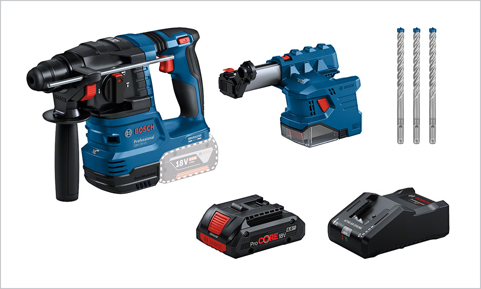 Martelo perfurador Bosch Professional, bateria, carregador e broca em fundo branco.