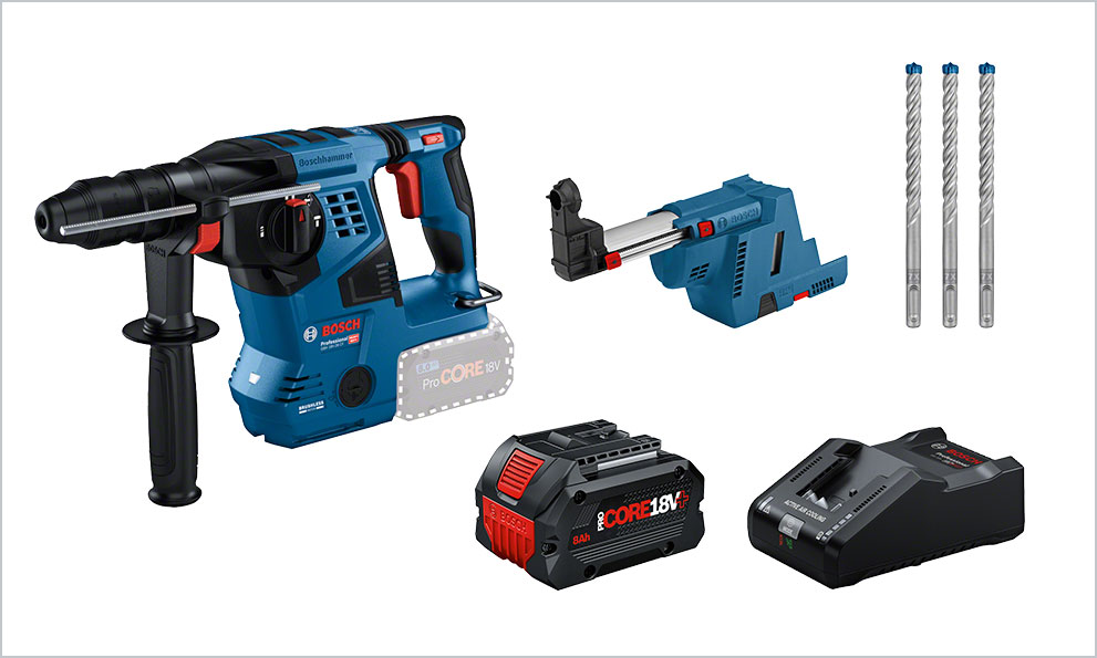Bosch Professional Bohrhammer mit Akku, Ladegerät und Bohrern auf weißem Hintergrund.