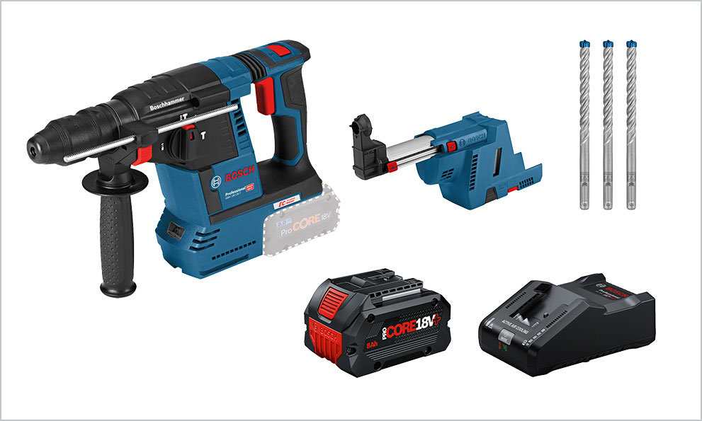 Ein blauer Bosch Professional Bohrer mit Akku, Zubehör und Bohrern daneben.