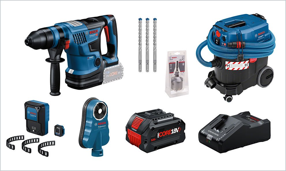 Várias ferramentas Bosch Professional em um fundo claro.