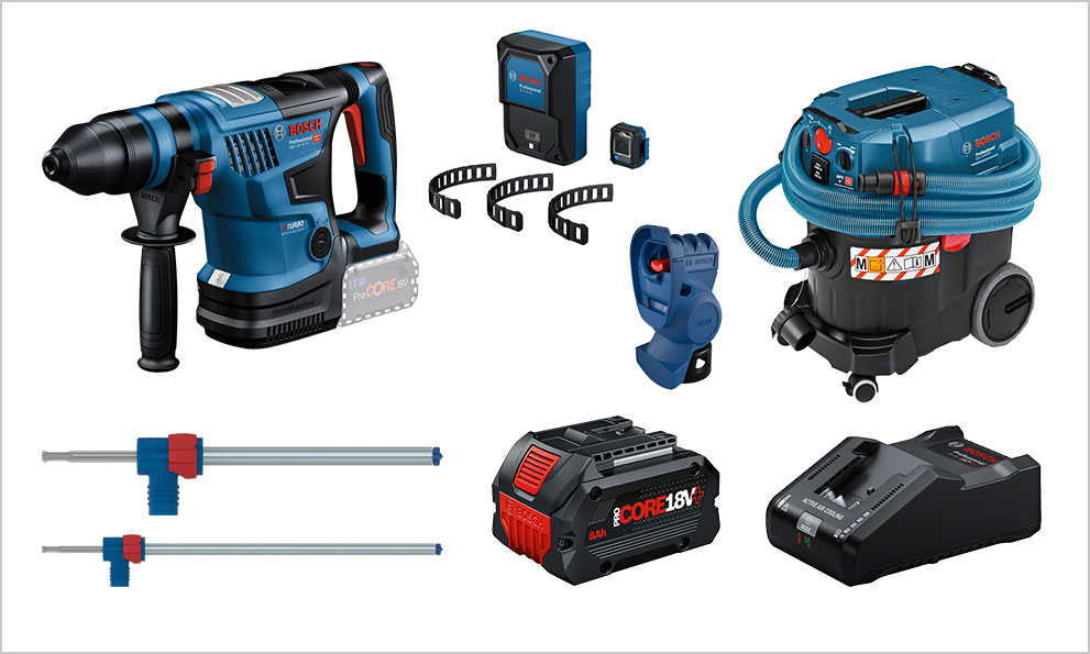 Un trapano blu Bosch Professional, batteria, aspirapolvere e accessori.