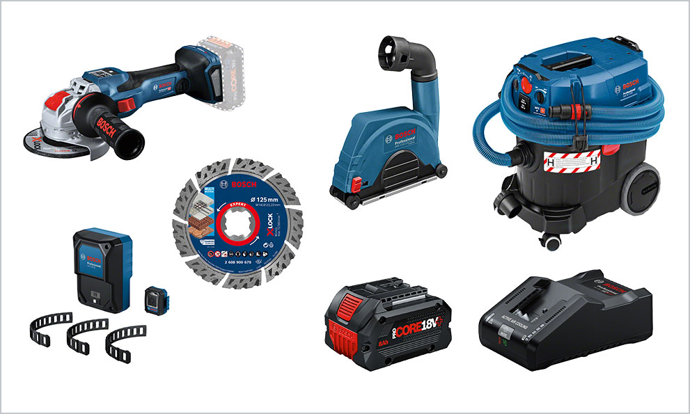 Ferramentas Profissionais Bosch: Esmeril, baterias e aspiradores organizados.