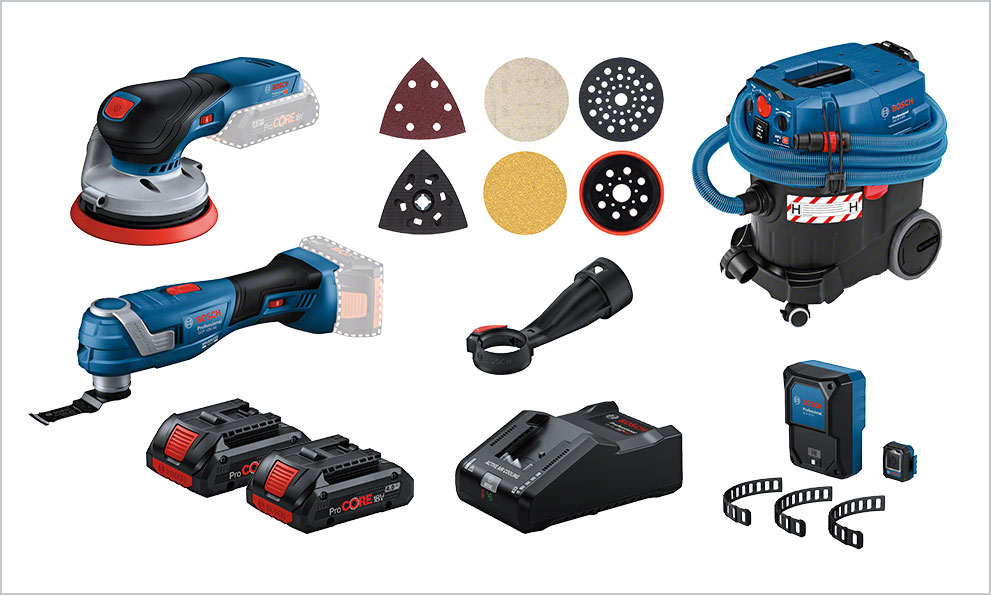 Ferramentas Profissionais Bosch: Lixadeiras, Aspiradores, Baterias e Acessórios organizados.