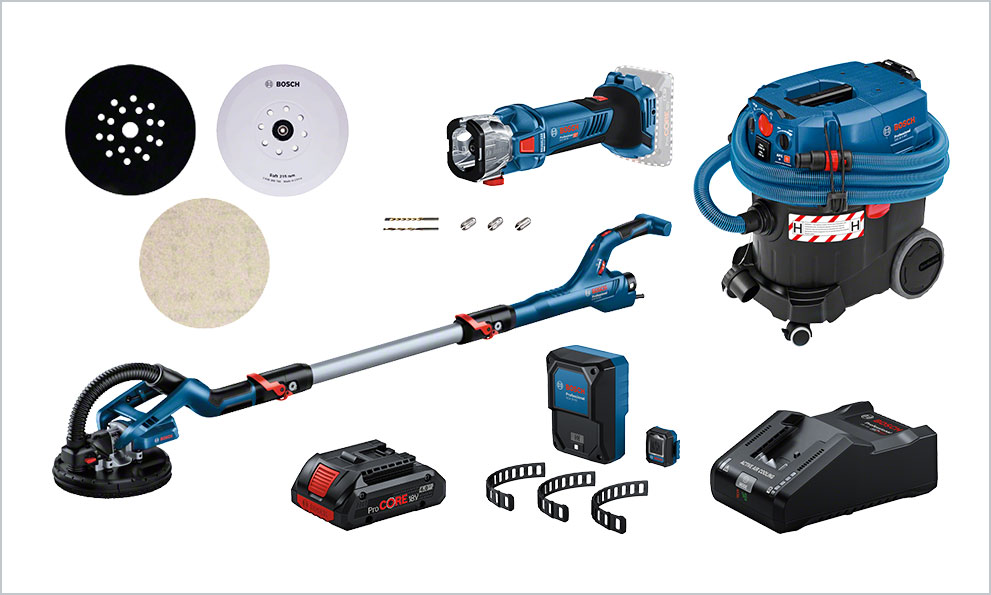 Ferramentas Profissionais Bosch: Lixadeiras, baterias, aspiradores, acessórios organizados.