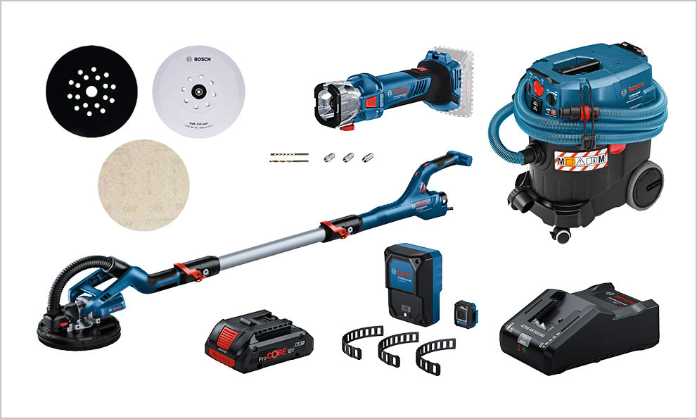 Strumenti Professionali Bosch: Smerigliatrici, aspiratori e accessori su sfondo bianco.