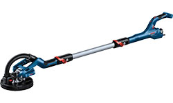 Un ponceuse murale Bosch Professional bleue se tient sur un fond blanc.