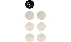 Seis discos de moagem brancos Bosch Professional e um disco preto furado.