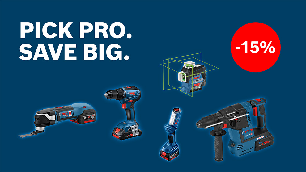 Five Bosch Professional tools on a blue background, 15% discount.