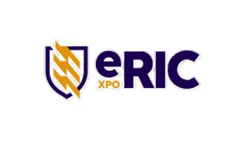 Logo van eRIC XPO: Een blauwe tekst met gele diagonale strepen op een bord.