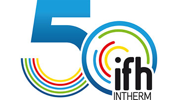 Logo mit der Zahl 50 in Blau, umgeben von bunten Kreisen in Rot, Gelb, Grün und Blau, darunter "ifh INTHERM".