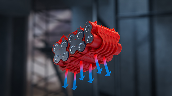 Червоний інструмент Bosch Professional з шістьма чорними акумуляторними елементами плаває.