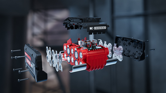 Червона, розібрана модель двигуна Bosch Professional з частинами в порядку.