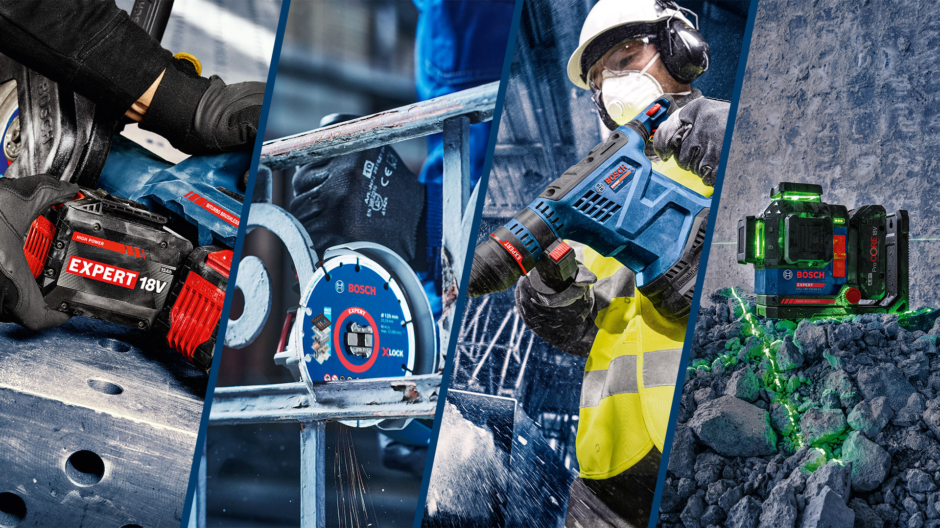 Різні інструменти Bosch Professional на будівельному майданчику, бетон, видимі активності.