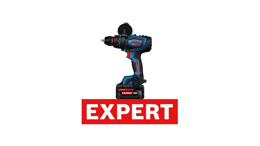 Sinine Bosch Professional akutrell seisab tumblue tausta ees, punase tekstiga "EXPERT 18V".