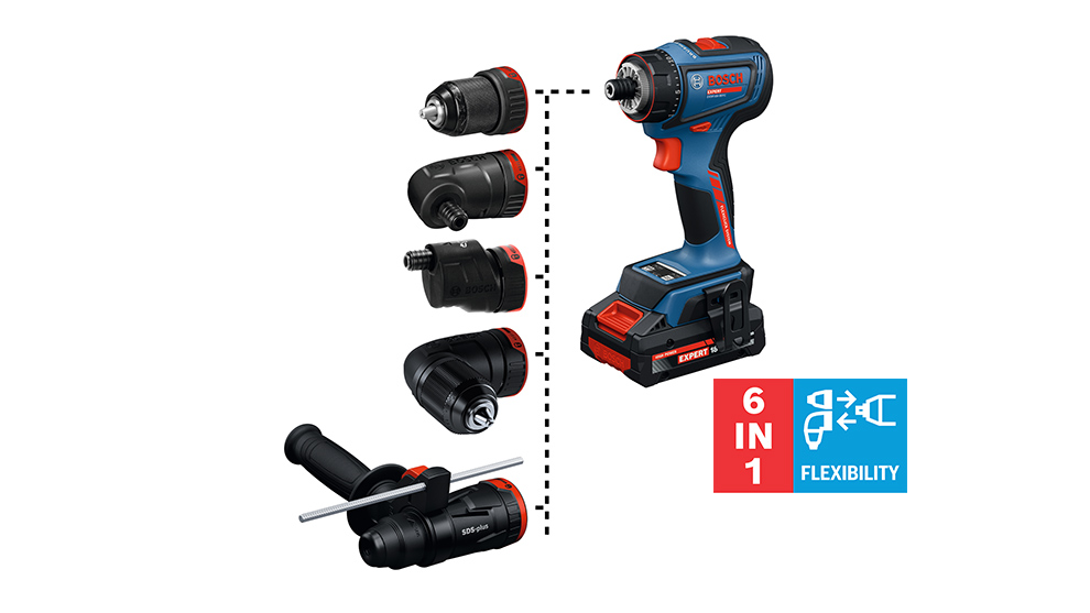 A cordless screwdriver with various attachments and a flexibility indicator. Blue-black.