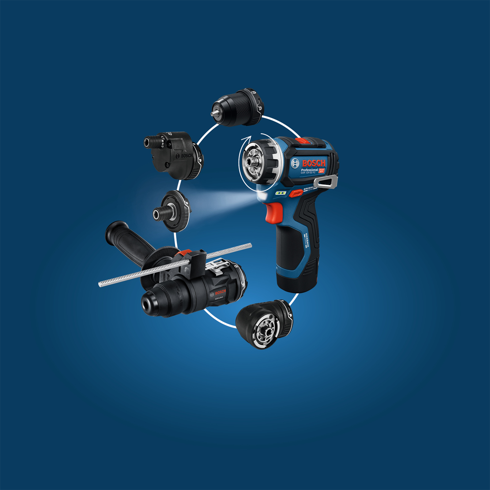 A Bosch cordless screwdriver with various attachments on a blue background.