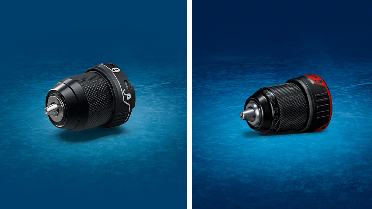 Two different tool attachments are lying on a blue surface. On the left is black, on the right is red.