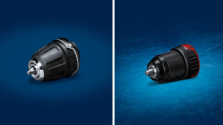 Två Bosch Professional borrchuckar på blå bakgrund, svart och röd.