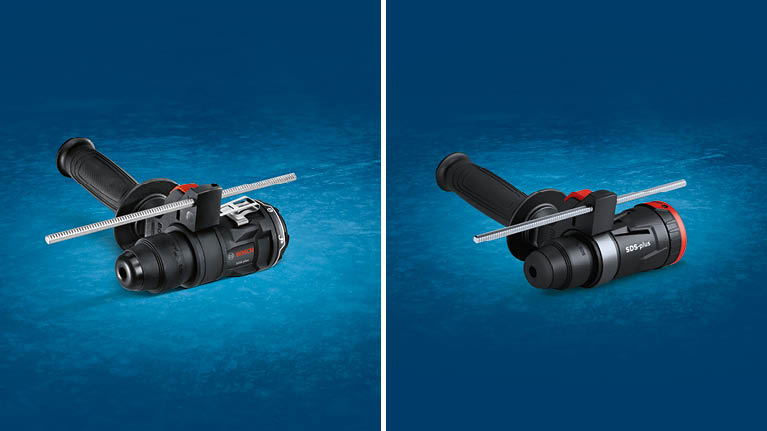 Två Bosch Professional-borr ligger på en blå bakgrund, med en skala.