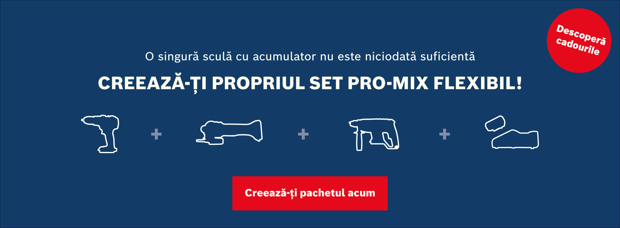 Unelte profesionale Bosch în siluetă albă pe fundal albastru.