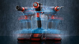 Drie Bosch Professional accutoestellen in blauw en rood op een grijze achtergrond.