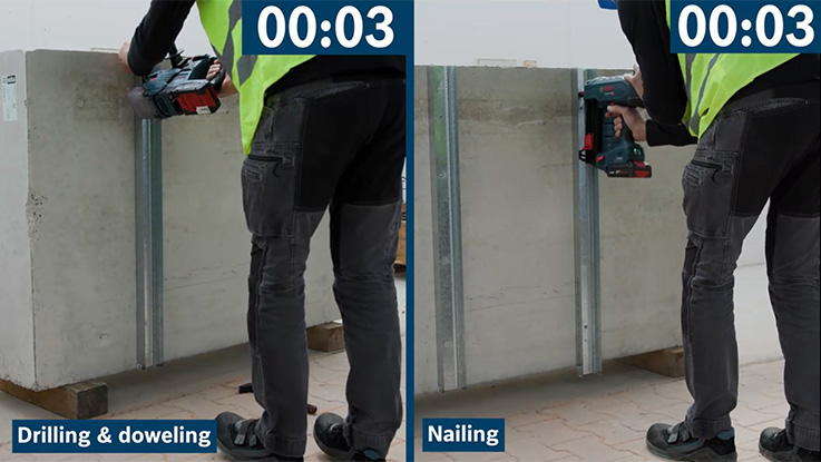Řemeslník má na sobě žlutou bezpečnostní vestu a používá modrou akumulátorovou hřebíkovačku Bosch Professional na betonové zdi.