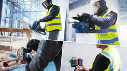 Four images of workers in yellow warning vests using Bosch Professional tools: Cutting, Measuring.