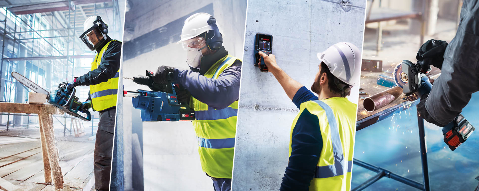 Koruma giysisi giymiş dört işçi resmi: Birisi mavi Bosch motorlu testere ile kesim yapıyor, diğeri bir duvarda bir cihazla ölçüm yapıyor, üçüncüsü bir taşlama makinesi ile kesim yapıyor. Hepsi güvenlik kaskı ve yelek giyiyor, arka planda inşaat atmosferi var.