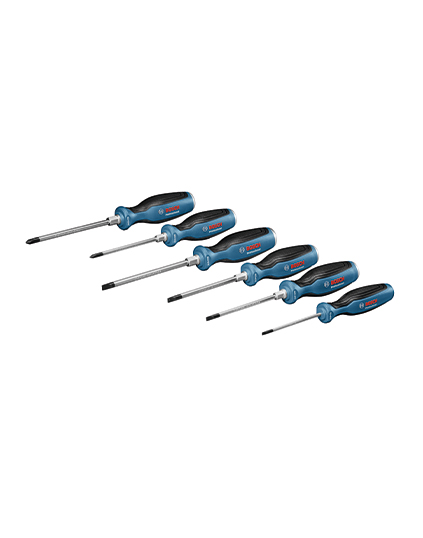 Six Bosch Professional screwdrivers in blue and black, arranged on a white background.