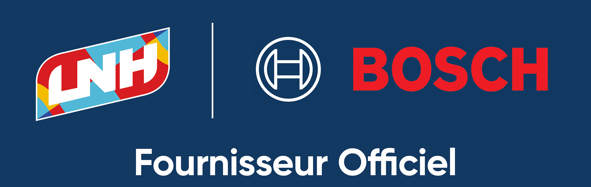 Logo de LNH et Bosch sur fond bleu, avec un slogan en bas.
