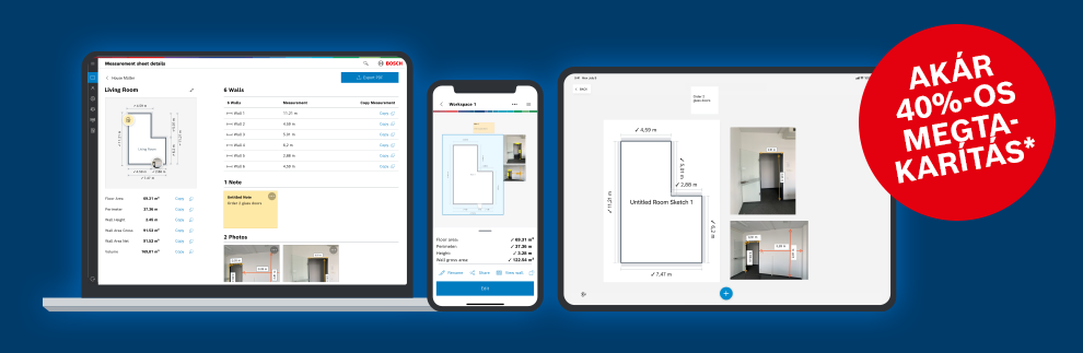 Három eszköz digitális alaprajzokat mutat be kék háttéren.
