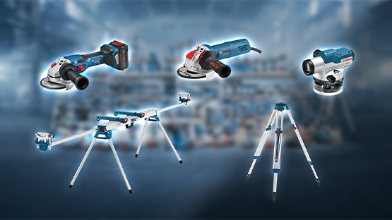 Various Bosch Professional tools on a background. Blue and gray.