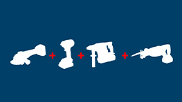 Various white Bosch Professional tools on a blue surface.