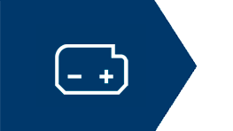Akku-symboli, jossa on plus- ja miinusmerkit sinisellä taustalla.