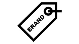 Svart prisskylt med texten "VARUMÄRKE" i versaler.