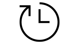 En svart, stiliserad klocksymbol med en pil som pekar åt höger.