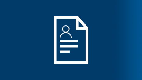 Symbol för en ansökan på blå bakgrund, med en person och text.