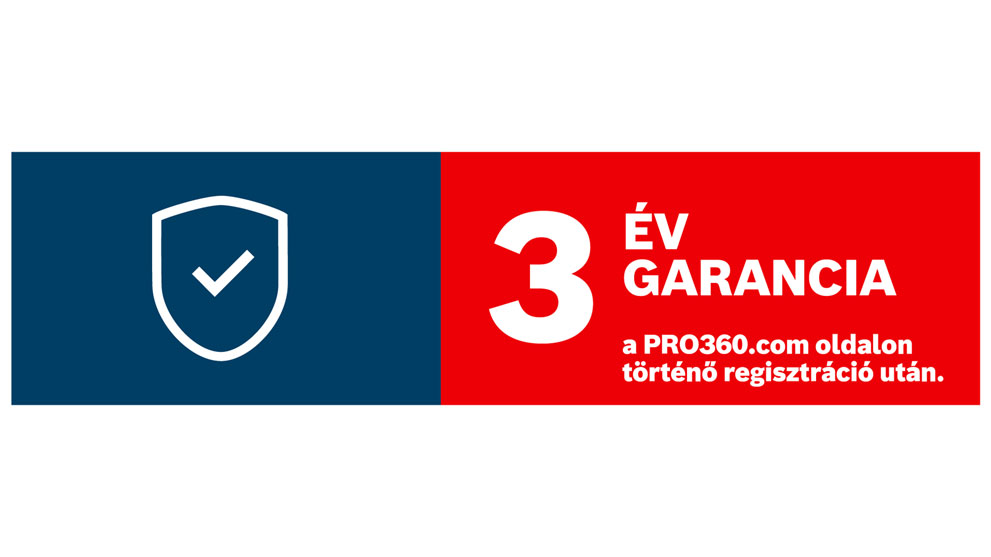 Három év garancia, piros háttér, kék tábla pipás szimbólummal.