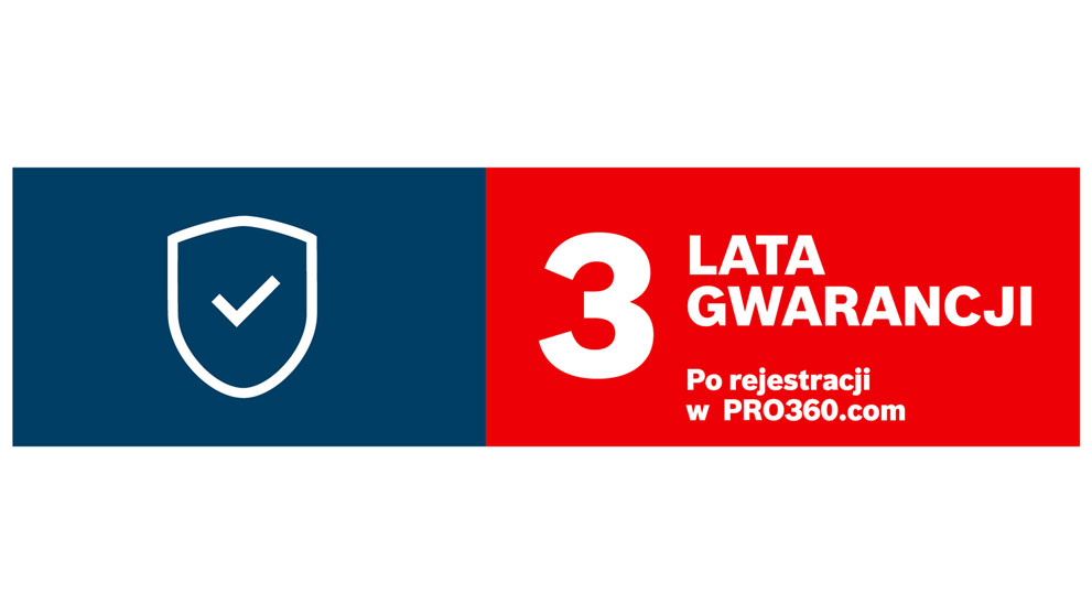 Logo z symbolem ochrony, niebiesko-czerwony kolor, 3 lata gwarancji.