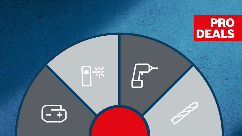 A colorful graphic indicator shows various Bosch Professional tools on a blue background.