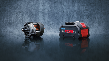 Motore e batteria Bosch Professional affiancati su una superficie lucida.