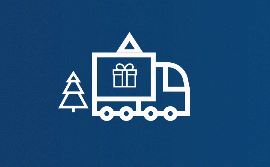 Biały ciężarówka z prezentem i choinką na niebieskim tle.