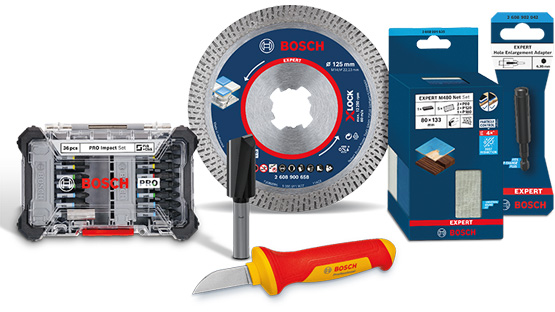 Tool set from Bosch: screwdriver, cutting disc, cutter, and accessories in various packaging.