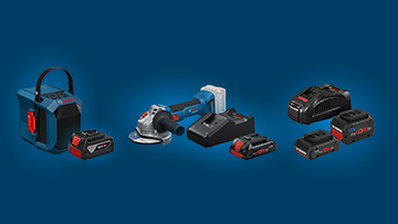 A tool bag, a sander, and several batteries on a blue background.