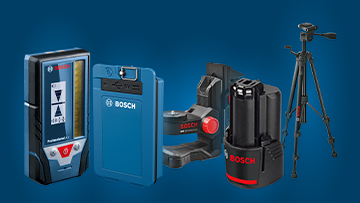 Différents outils Bosch : laser, batterie, support et trépied sur fond bleu.