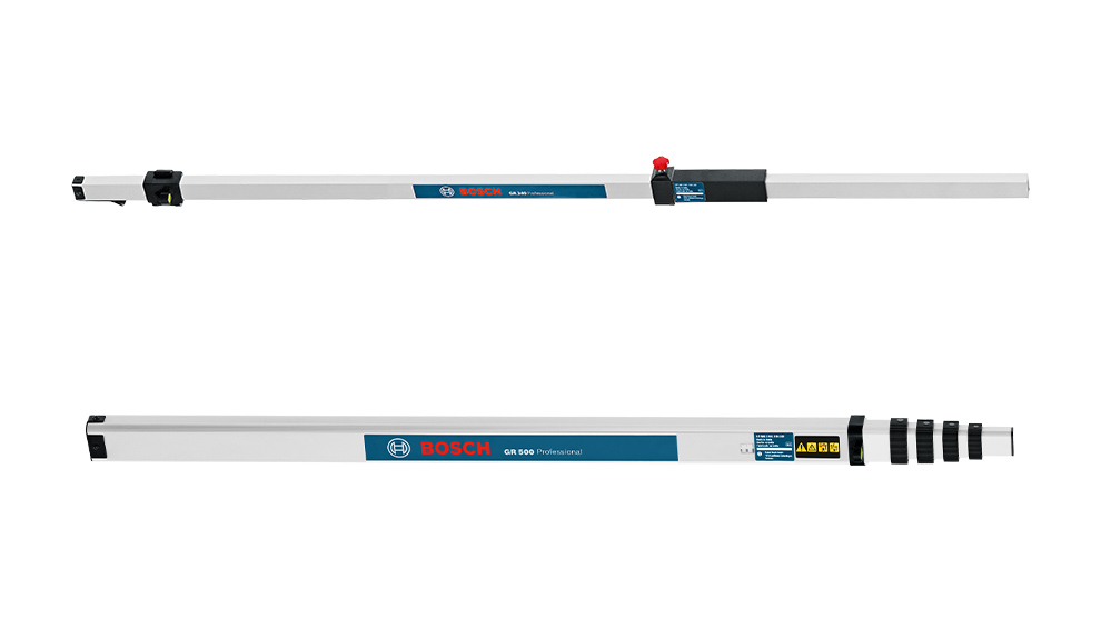 Deux règles télescopiques en argent avec des inscriptions bleues et noires, outil professionnel.