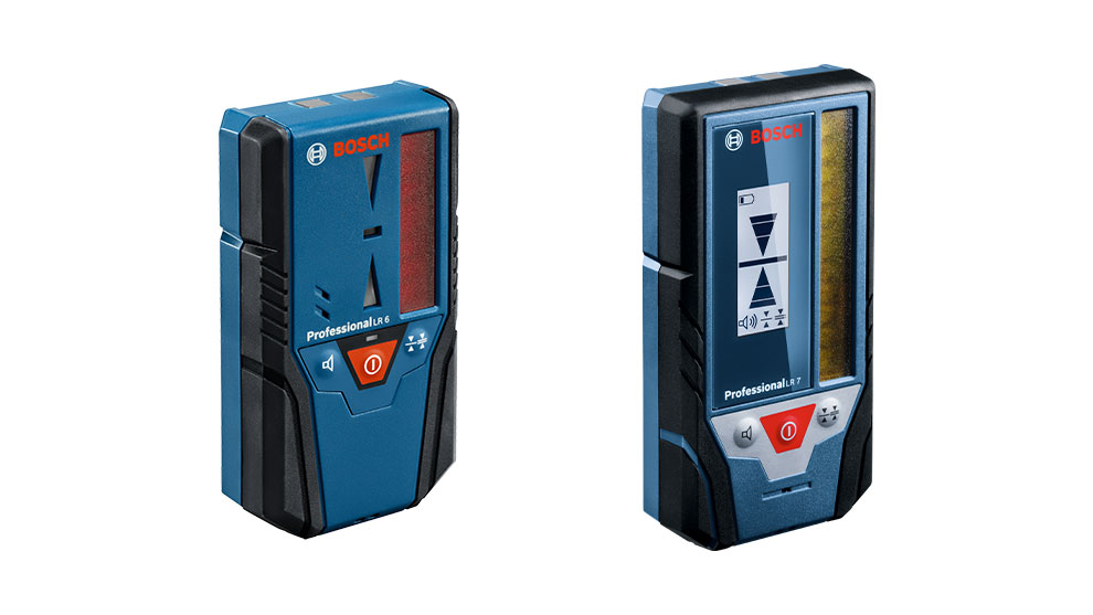 Dwa lasery miernicze Bosch, niebieski i czarny, z wyświetlaczami i przyciskami sterującymi.
