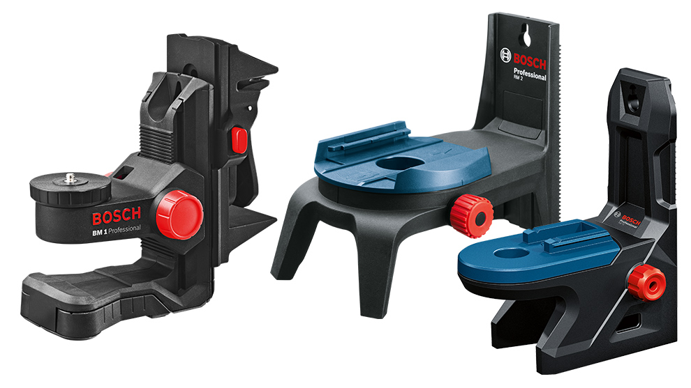 Trois porte-outils Bosch différents en noir et bleu, avec des boutons rouges, sur fond blanc.