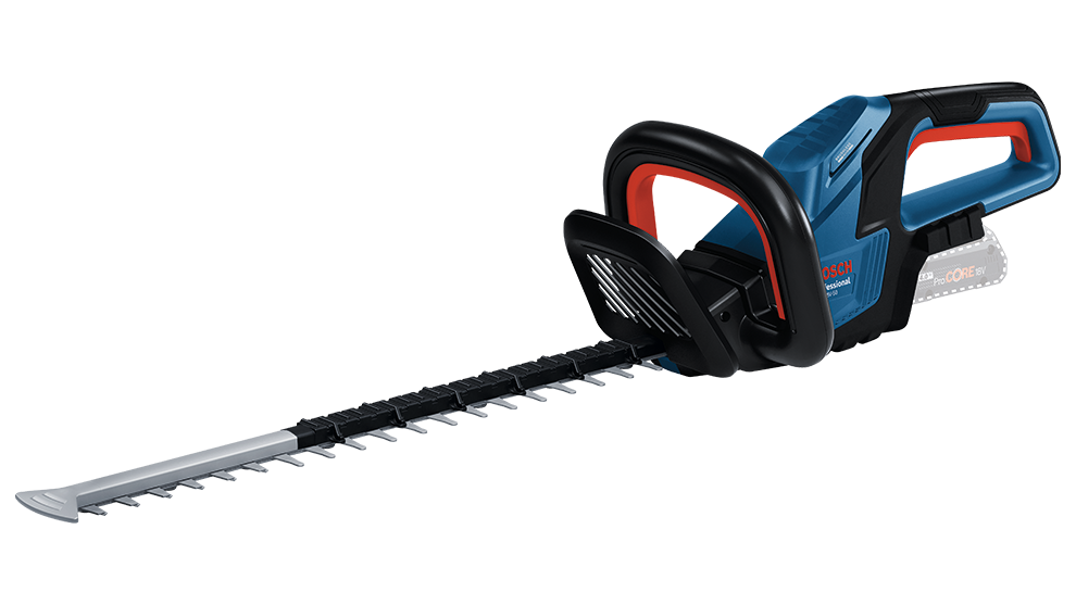 Modrý akumulátorový plotostřih Bosch Professional s černou rukojetí a červeným akcentem na černém pozadí.